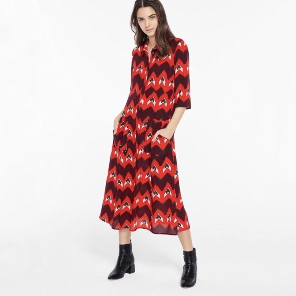 Ba&sh Painty Silk Midi Shirt Dress Bordeaux 10 Medium Boho Chic Artsy 70s Retro